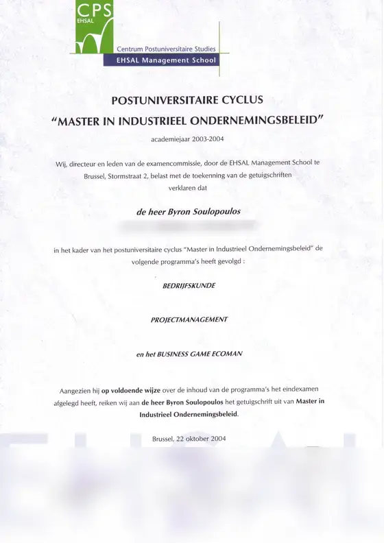 Master in Industrieel Ondernemingsbeleid certificaat, EHSAL Management School