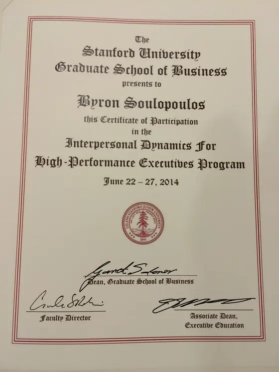 Interpersonal Dynamics for High-Performance Executives certificaat, Stanford Graduate School of Business