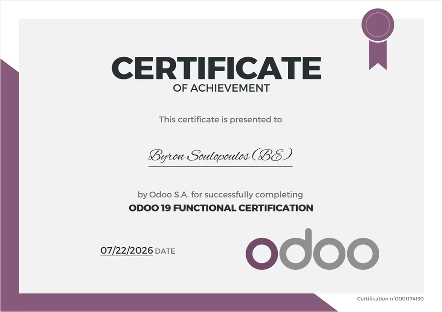 Odoo 19 Functional Certification uitgereikt aan Byron Soulopoulos